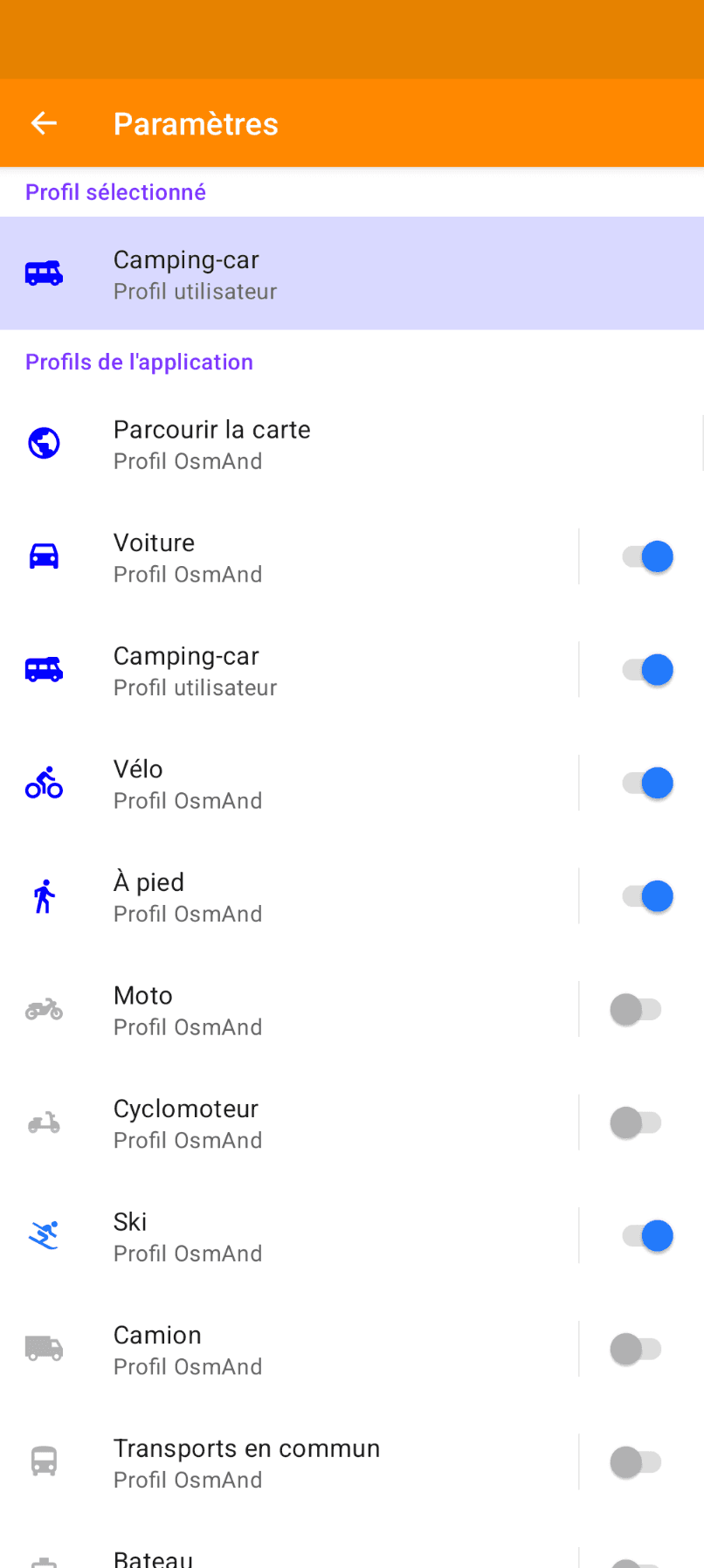 Liste des profils dans les réglages OSMAnd