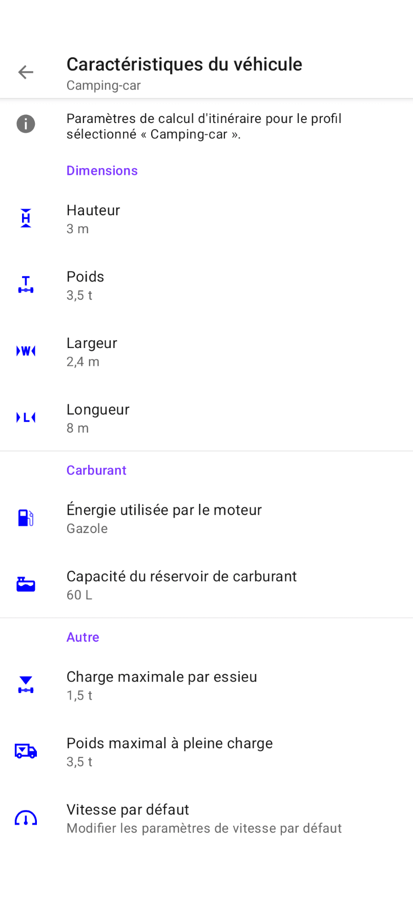 Écran Caractéristiques du véhicule avec hauteur, poids, largeur et longueur